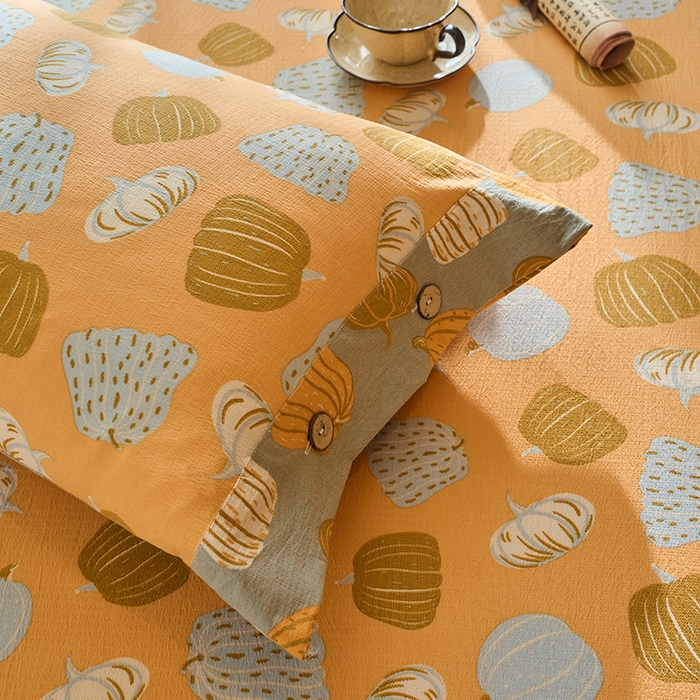 91家纺网 家纺一手货源 找家纺 爱彼家纺 2026春夏新款原麻邹邹纱印花单床笠 床笠单件 原麻皱皱纱-南瓜黄