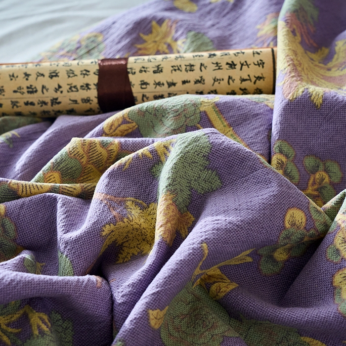 91家纺网 家纺一手货源 找家纺 爱彼家纺 2026春夏新款原麻邹邹纱印花单床笠 床笠单件 原麻皱皱纱-安娜紫