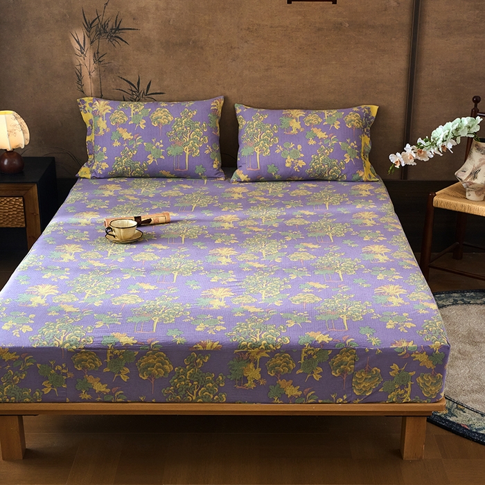 91家纺网 家纺一手货源 找家纺 爱彼家纺 2026春夏新款原麻邹邹纱印花单床笠 床笠单件 原麻皱皱纱-安娜紫