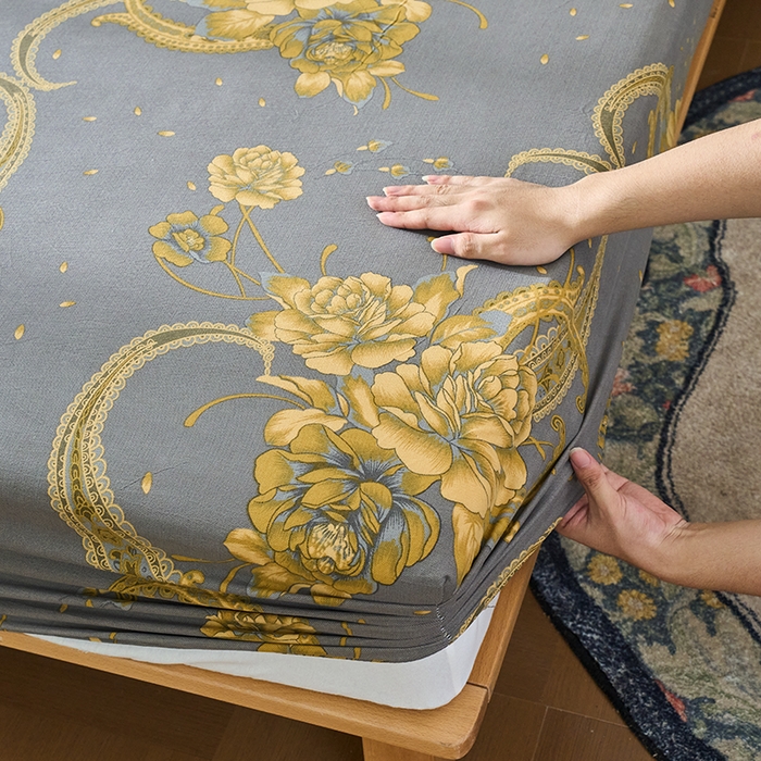 91家纺网 家纺一手货源 找家纺 爱彼家纺 2026春夏新款原麻邹邹纱印花单床笠 床笠单件 原麻皱皱纱-千寻-灰