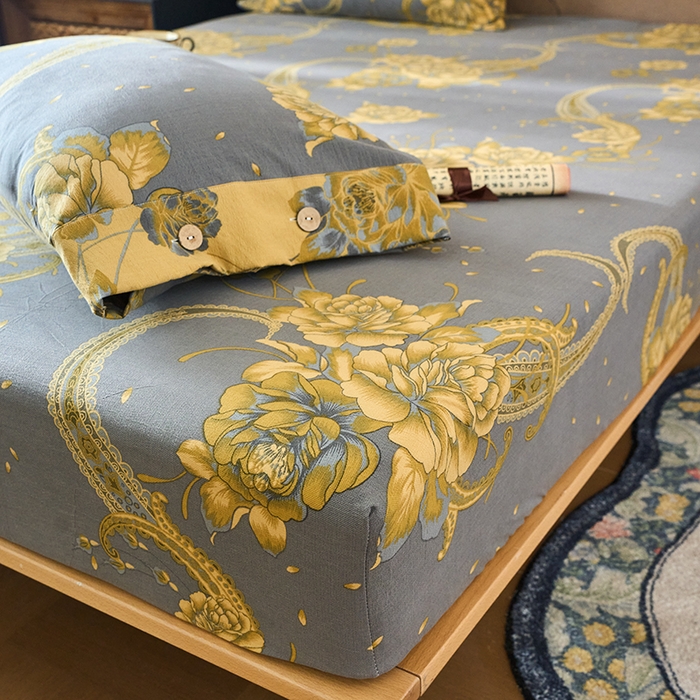 91家纺网 家纺一手货源 找家纺 爱彼家纺 2026春夏新款原麻邹邹纱印花单床笠 床笠单件 原麻皱皱纱-千寻-灰