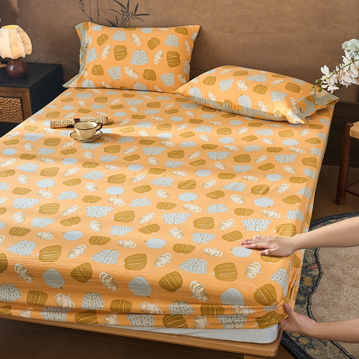 91家纺网 家纺一手货源 找家纺 爱彼家纺 2026春夏新款原麻邹邹纱印花单床笠 床笠单件 原麻皱皱纱-南瓜黄