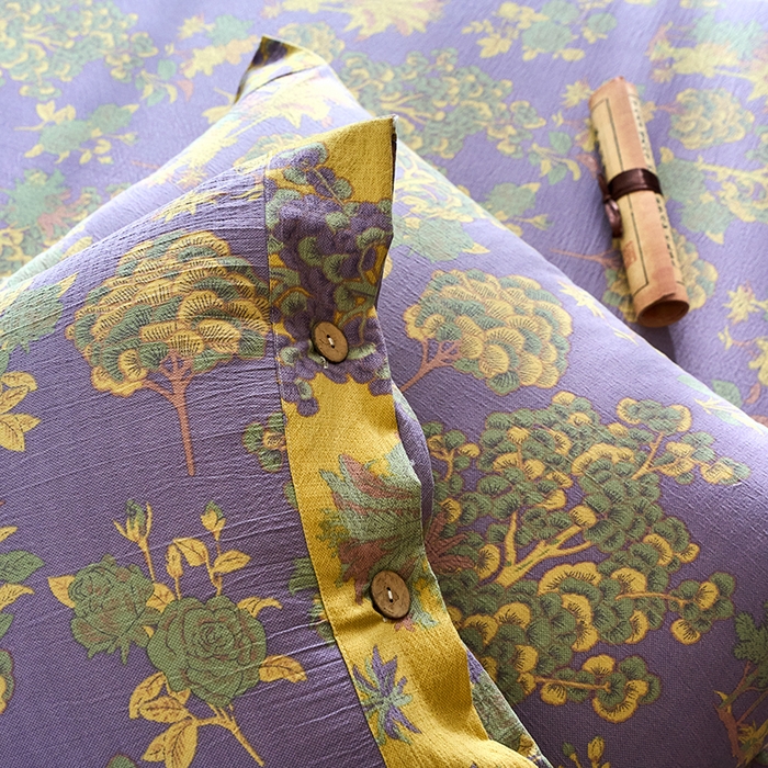 91家纺网 家纺一手货源 找家纺 爱彼家纺 2026春夏新款原麻邹邹纱印花单床笠 床笠单件 原麻皱皱纱-安娜紫