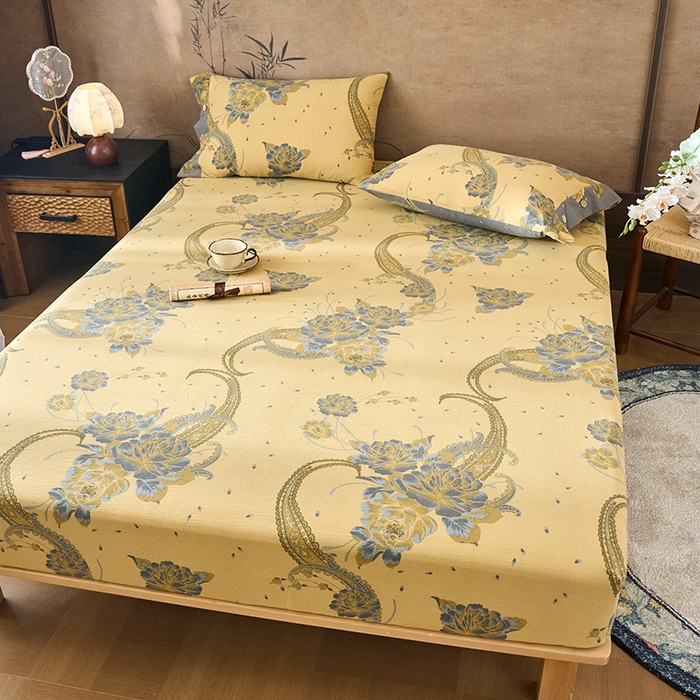 91家纺网 家纺一手货源 找家纺 爱彼家纺 2026春夏新款原麻邹邹纱印花单床笠 床笠单件 原麻皱皱纱千寻-黄