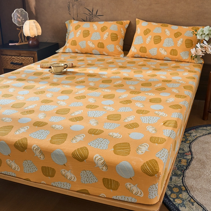 91家纺网 家纺一手货源 找家纺 爱彼家纺 2026春夏新款原麻邹邹纱印花单床笠 床笠单件 原麻皱皱纱-南瓜黄