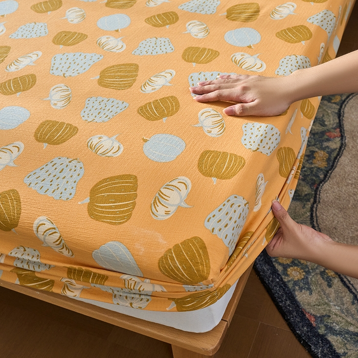 91家纺网 家纺一手货源 找家纺 爱彼家纺 2026春夏新款原麻邹邹纱印花单床笠 床笠单件 原麻皱皱纱-南瓜黄