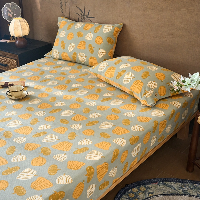 91家纺网 家纺一手货源 找家纺 爱彼家纺 2026春夏新款原麻邹邹纱印花单床笠 床笠单件 原麻皱皱纱-南瓜-灰