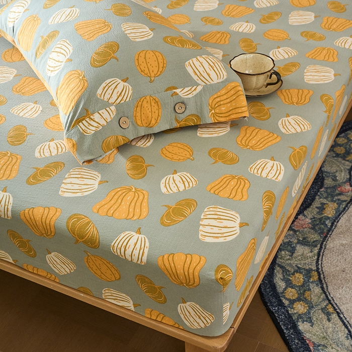 91家纺网 家纺一手货源 找家纺 爱彼家纺 2026春夏新款原麻邹邹纱印花单床笠 床笠单件 原麻皱皱纱-南瓜-灰