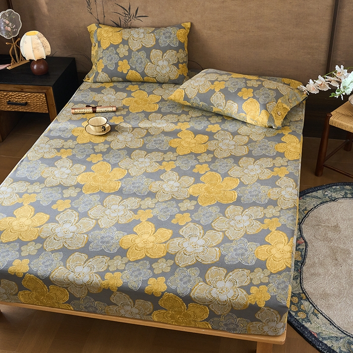 91家纺网 家纺一手货源 找家纺 爱彼家纺 2026春夏新款原麻邹邹纱印花单床笠 床笠单件 原麻皱皱纱-繁花-灰