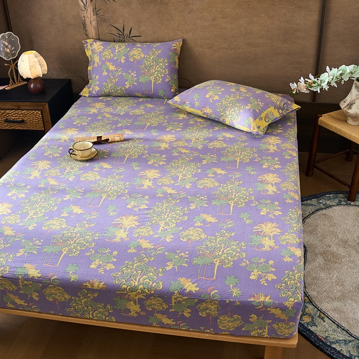 91家纺网 家纺一手货源 找家纺 爱彼家纺 2026春夏新款原麻邹邹纱印花单床笠 床笠单件 原麻皱皱纱-安娜紫