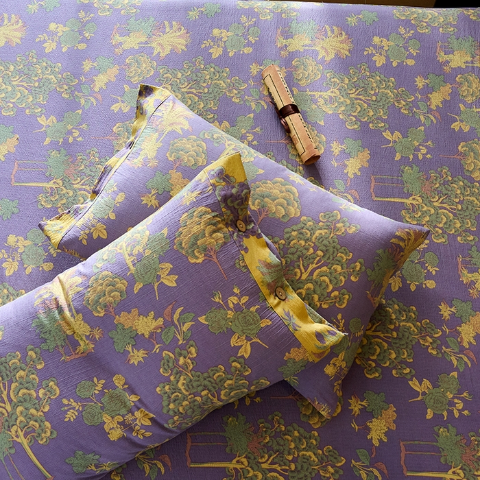 91家纺网 家纺一手货源 找家纺 爱彼家纺 2026春夏新款原麻邹邹纱印花单床笠 床笠单件 原麻皱皱纱-安娜紫