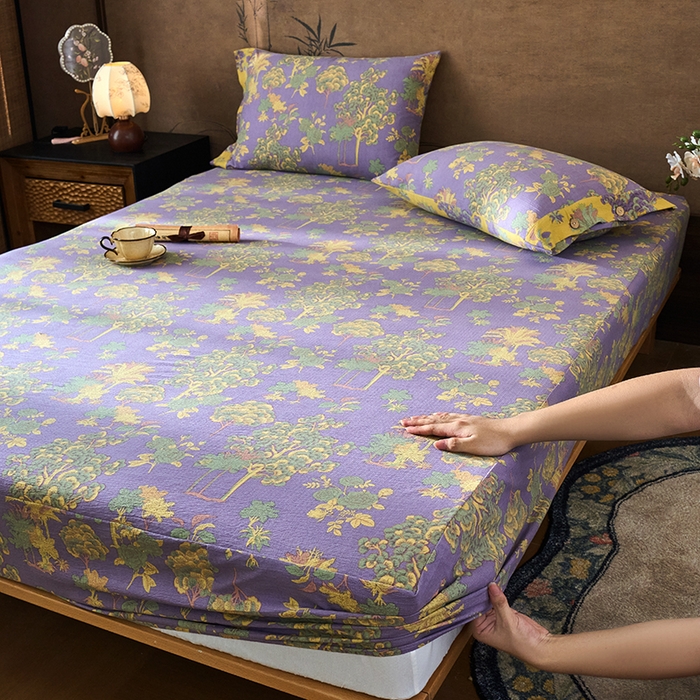 91家纺网 家纺一手货源 找家纺 爱彼家纺 2026春夏新款原麻邹邹纱印花单床笠 床笠单件 原麻皱皱纱-安娜紫