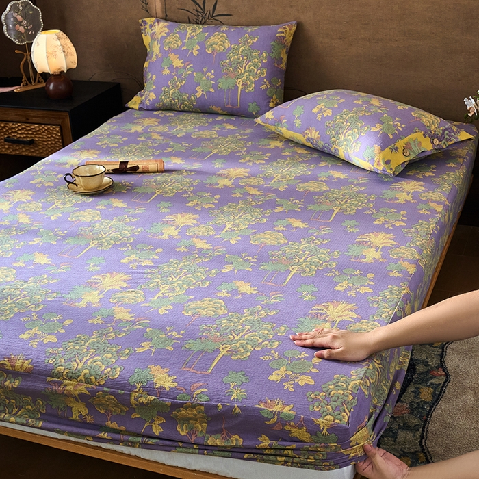 91家纺网 家纺一手货源 找家纺 爱彼家纺 2026春夏新款原麻邹邹纱印花单床笠 床笠单件 原麻皱皱纱-安娜紫