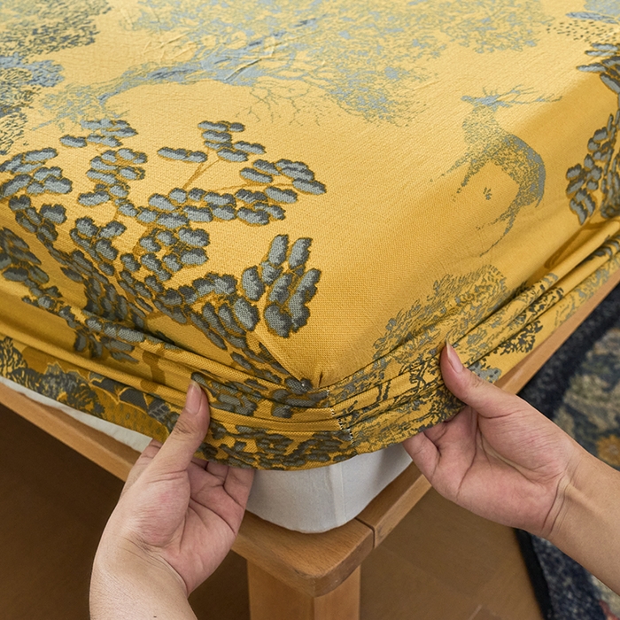 91家纺网 家纺一手货源 找家纺 爱彼家纺 2026春夏新款原麻邹邹纱印花单床笠 床笠单件 原麻皱皱纱-银杏黄