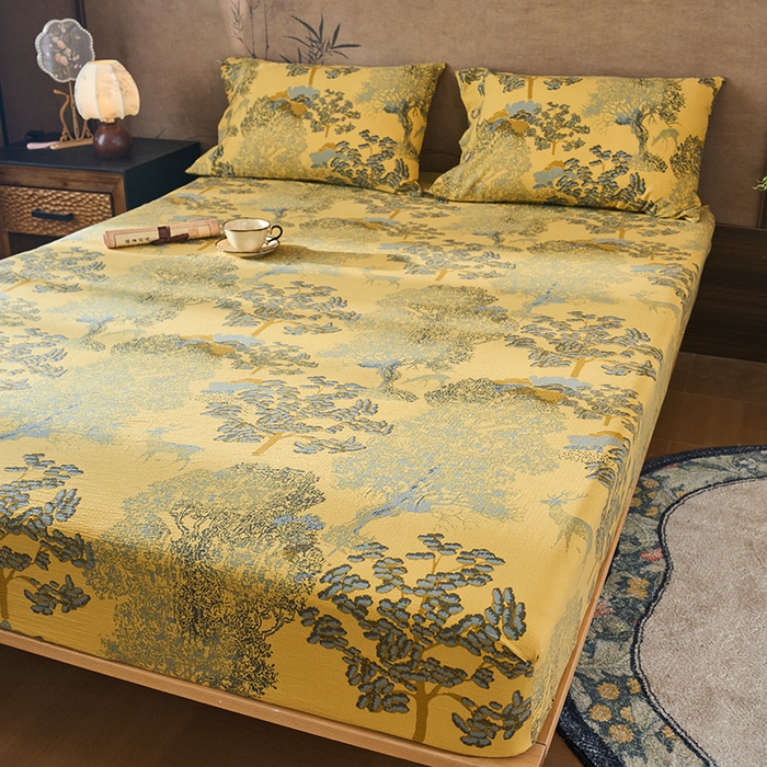 91家纺网 家纺一手货源 找家纺 爱彼家纺 2026春夏新款原麻邹邹纱印花单床笠 床笠单件 原麻皱皱纱-银杏黄