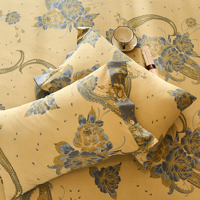 91家纺网 家纺一手货源 找家纺 爱彼家纺 2026春夏新款原麻邹邹纱印花单床笠 床笠单件 原麻皱皱纱千寻-黄