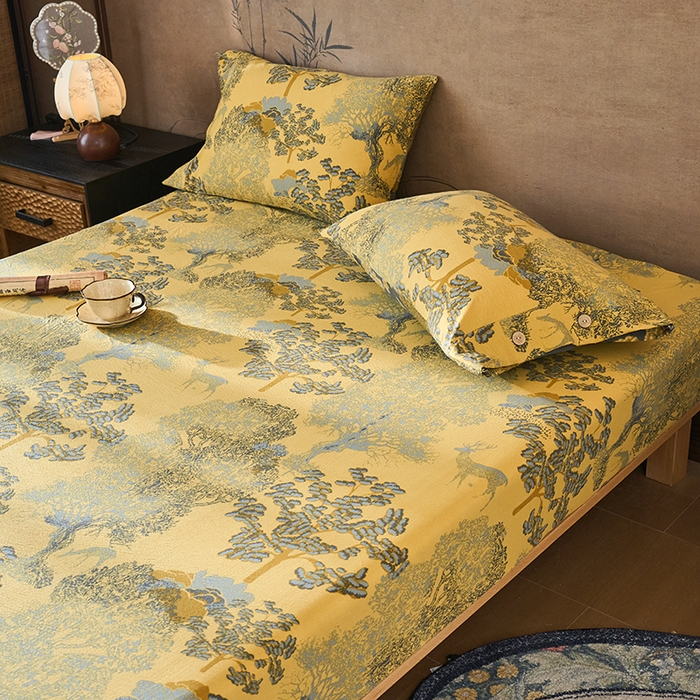 91家纺网 家纺一手货源 找家纺 爱彼家纺 2026春夏新款原麻邹邹纱印花单床笠 床笠单件 原麻皱皱纱-银杏黄