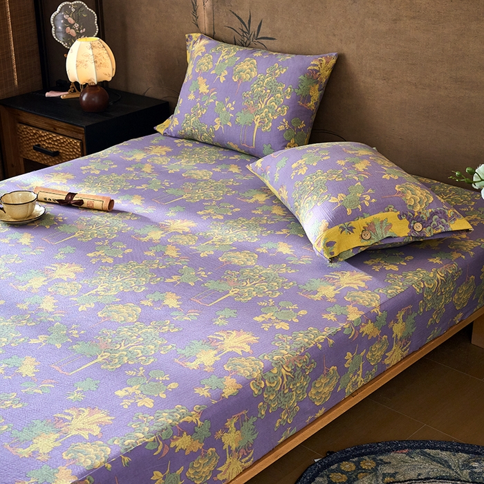 91家纺网 家纺一手货源 找家纺 爱彼家纺 2026春夏新款原麻邹邹纱印花单床笠 床笠单件 原麻皱皱纱-安娜紫