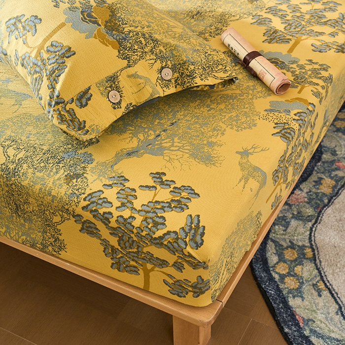 91家纺网 家纺一手货源 找家纺 爱彼家纺 2026春夏新款原麻邹邹纱印花单床笠 床笠单件 原麻皱皱纱-银杏黄