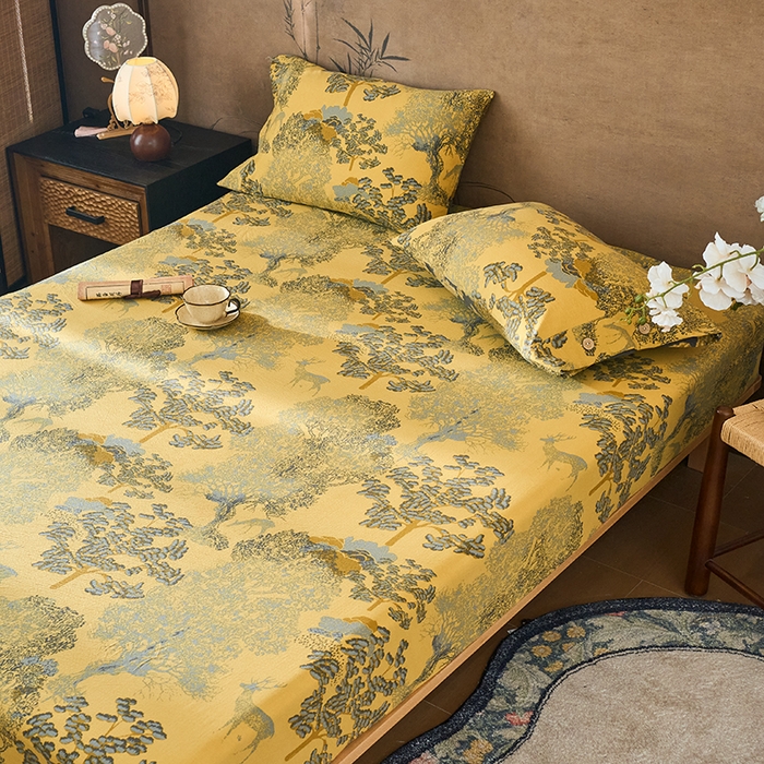 91家纺网 家纺一手货源 找家纺 爱彼家纺 2026春夏新款原麻邹邹纱印花单床笠 床笠单件 原麻皱皱纱-银杏黄