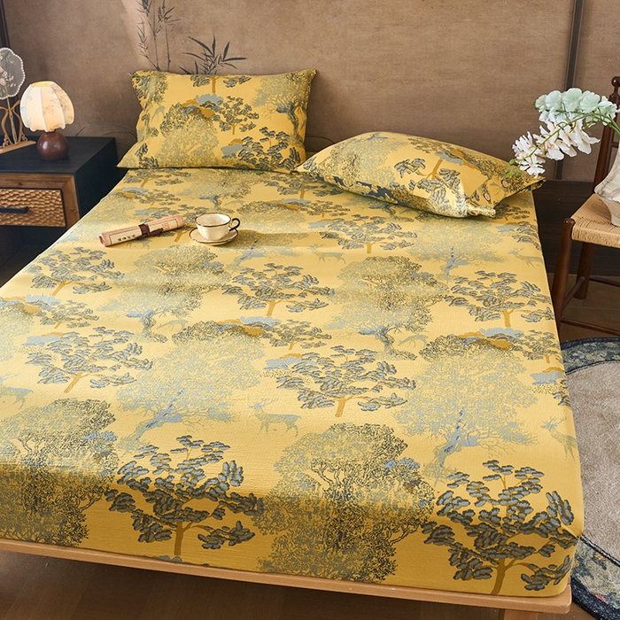 91家纺网 家纺一手货源 找家纺 爱彼家纺 2026春夏新款原麻邹邹纱印花单床笠 床笠单件 原麻皱皱纱-银杏黄