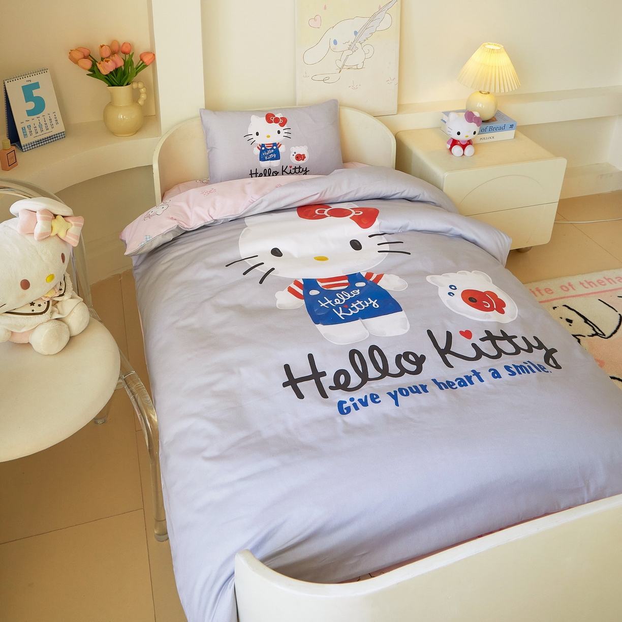 91家纺网 家纺一手货源 找家纺 蘭菲家纺 2026新款幼儿园儿童三丽欧系列多件套 可爱KT灰