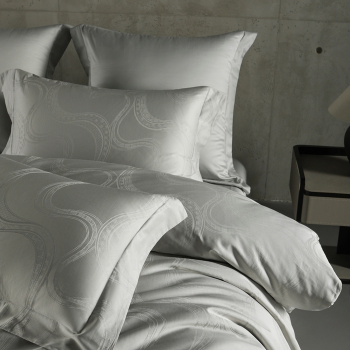 91家纺网 家纺一手货源 找家纺 舒慕家纺 2025新款亲肤舒适高端100S长绒棉纯棉银丝提花四件套 蓝珀时间海083