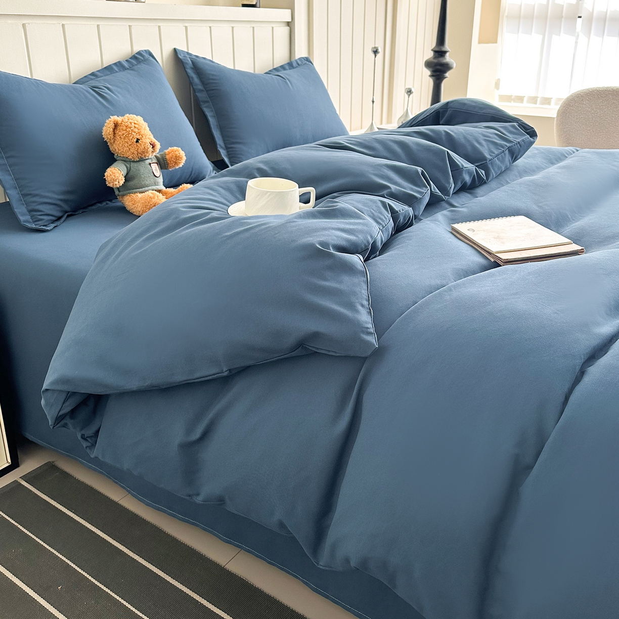 91家纺网 家纺一手货源 找家纺 佑泽家纺 2026年纯色双拼水洗棉四件套单被套 宾利蓝