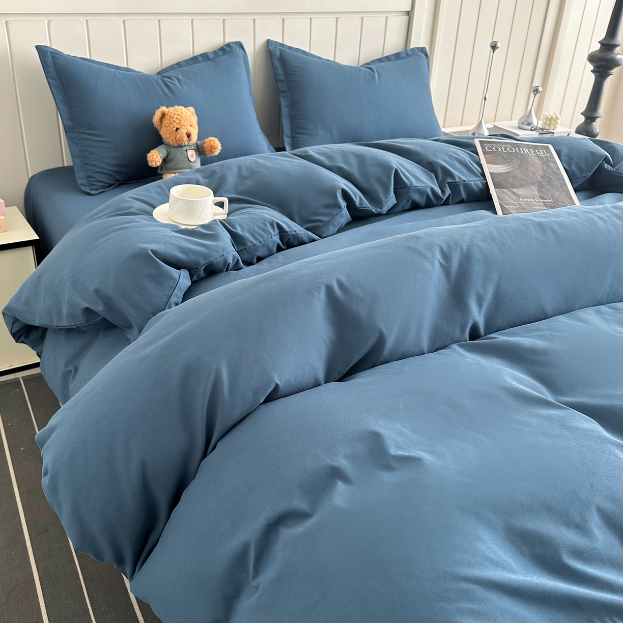 91家纺网 家纺一手货源 找家纺 佑泽家纺 2026年纯色双拼水洗棉四件套单被套 宾利蓝