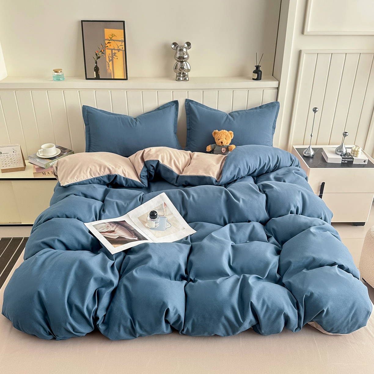 91家纺网 家纺一手货源 找家纺 佑泽家纺 2026年纯色双拼水洗棉四件套单被套 宾利蓝+卡其