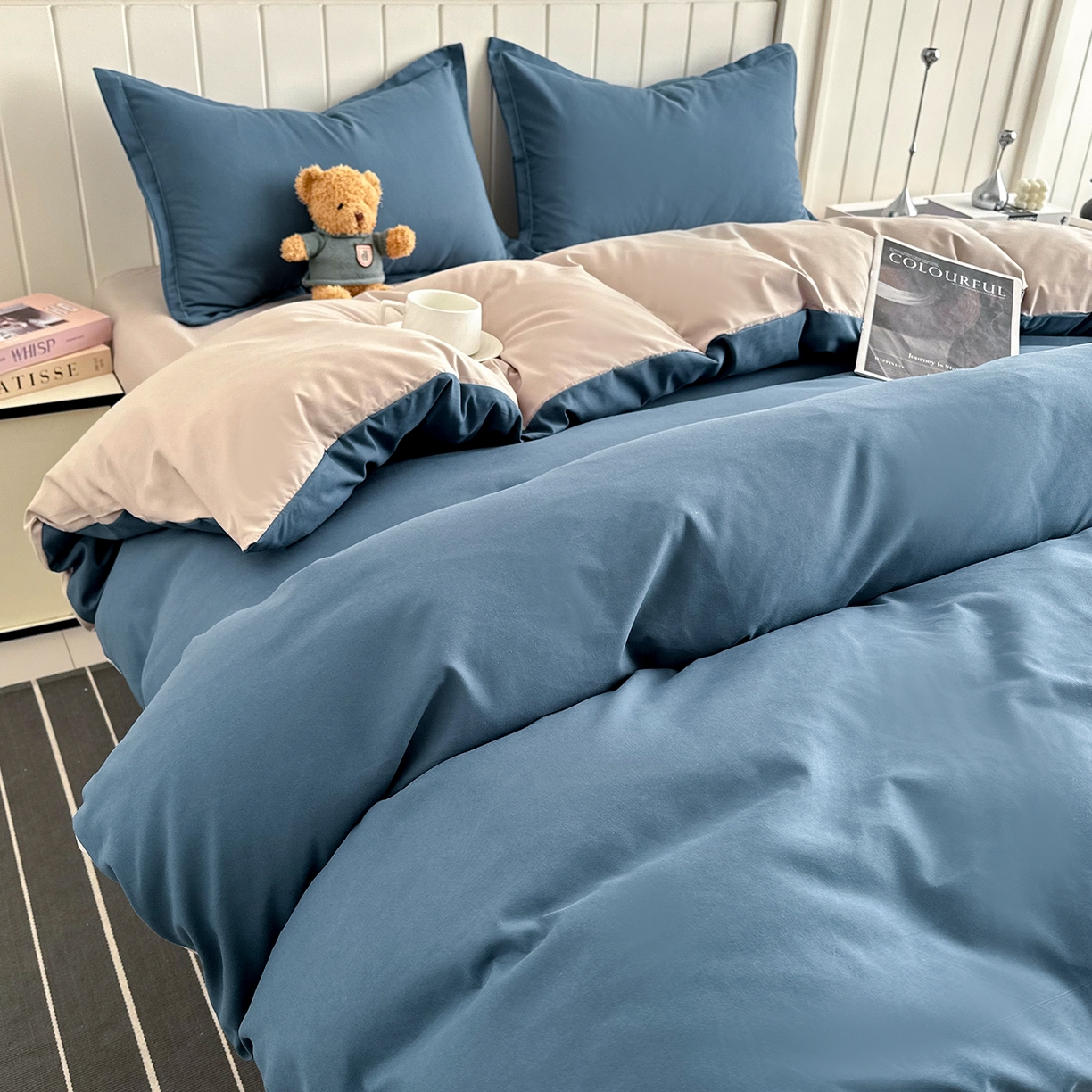 91家纺网 家纺一手货源 找家纺 佑泽家纺 2026年纯色双拼水洗棉四件套单被套 宾利蓝+卡其