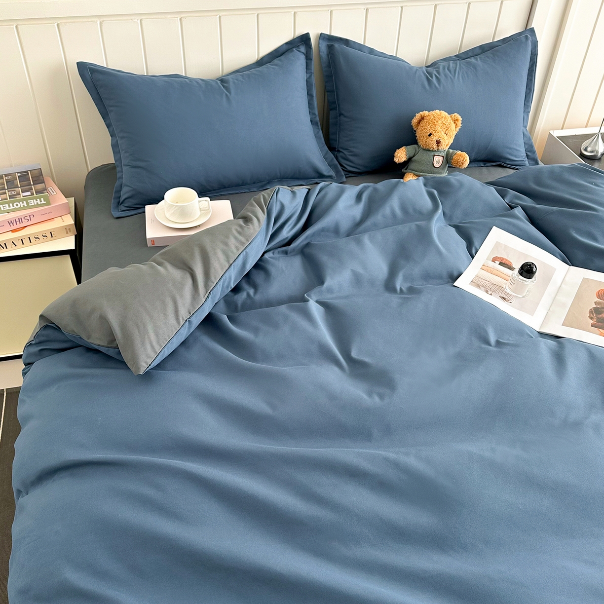 91家纺网 家纺一手货源 找家纺 佑泽家纺 2026年纯色双拼水洗棉四件套单被套 宾利蓝+月光灰