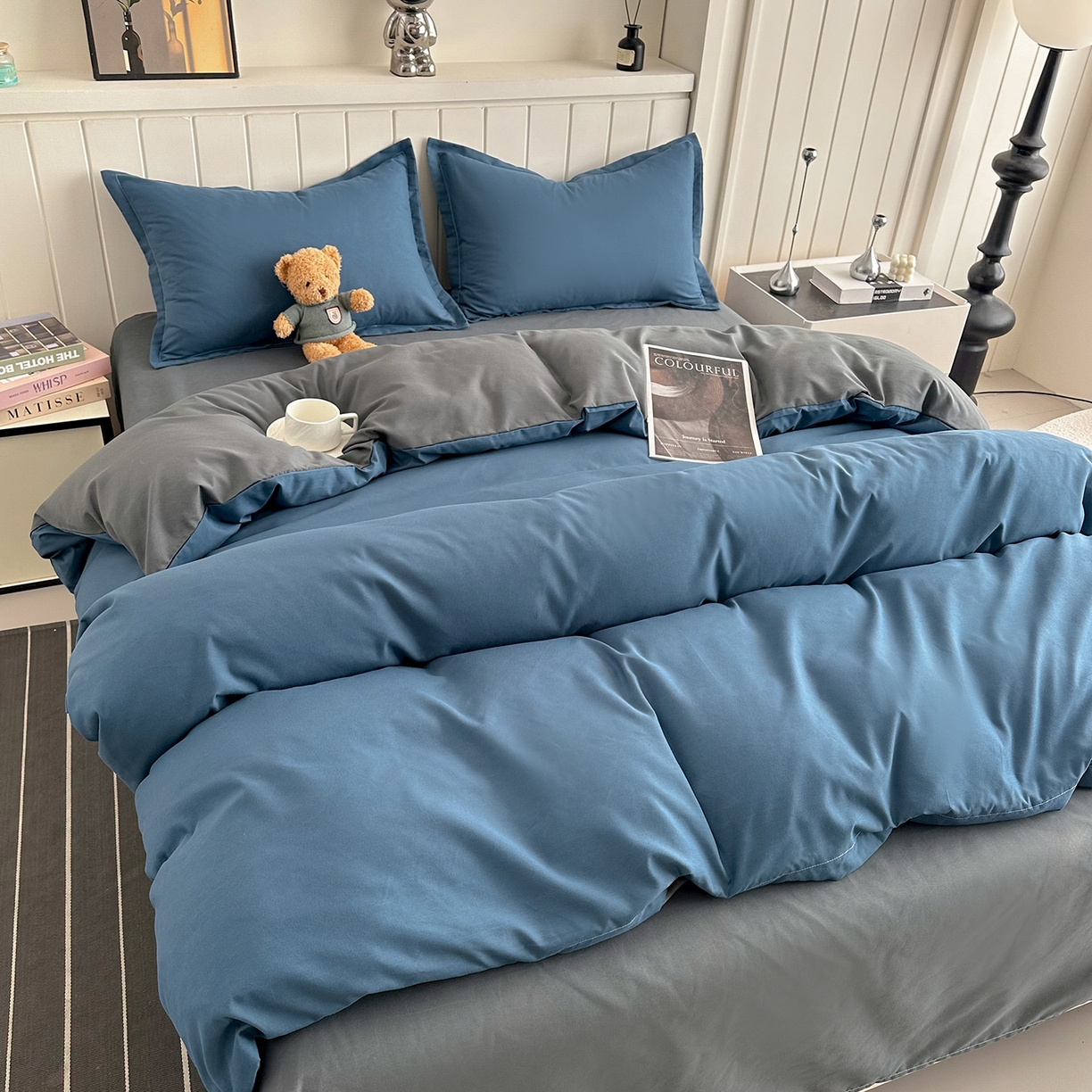 91家纺网 家纺一手货源 找家纺 佑泽家纺 2026年纯色双拼水洗棉四件套单被套 宾利蓝+月光灰