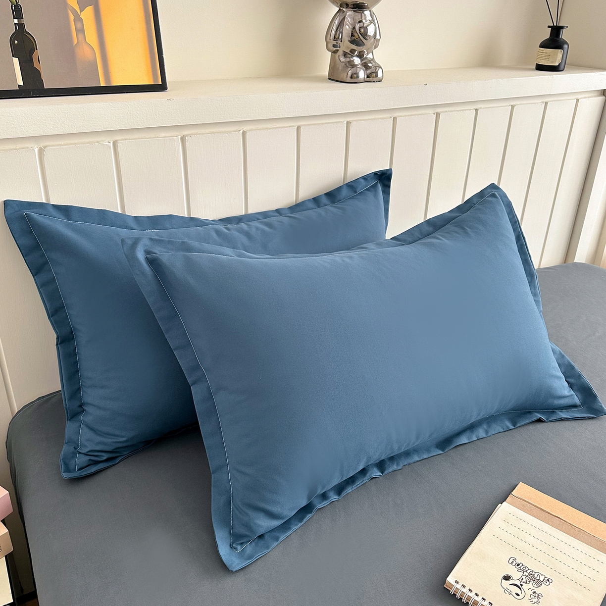 91家纺网 家纺一手货源 找家纺 佑泽家纺 2026年纯色双拼水洗棉四件套单被套 宾利蓝+月光灰