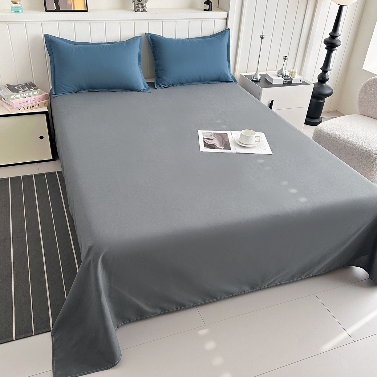 91家纺网 家纺一手货源 找家纺 佑泽家纺 2026年纯色双拼水洗棉四件套单被套 宾利蓝+月光灰