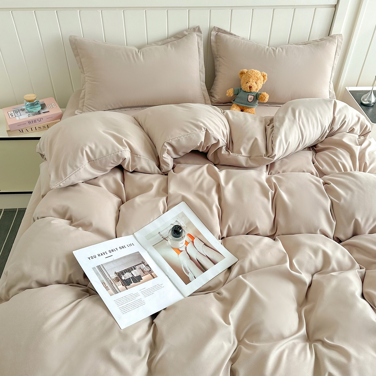 91家纺网 家纺一手货源 找家纺 佑泽家纺 2026年纯色双拼水洗棉四件套单被套 卡其