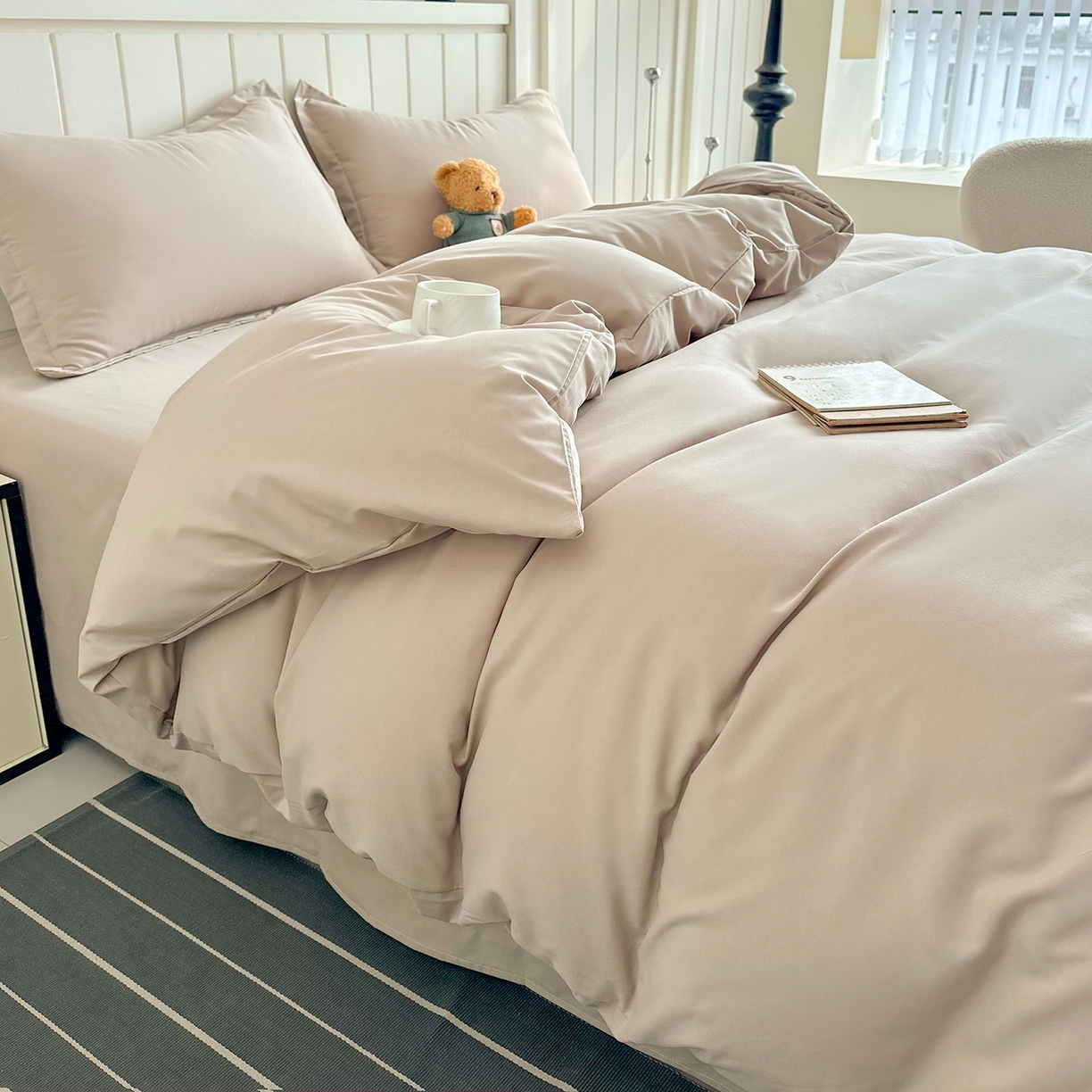 91家纺网 家纺一手货源 找家纺 佑泽家纺 2026年纯色双拼水洗棉四件套单被套 卡其