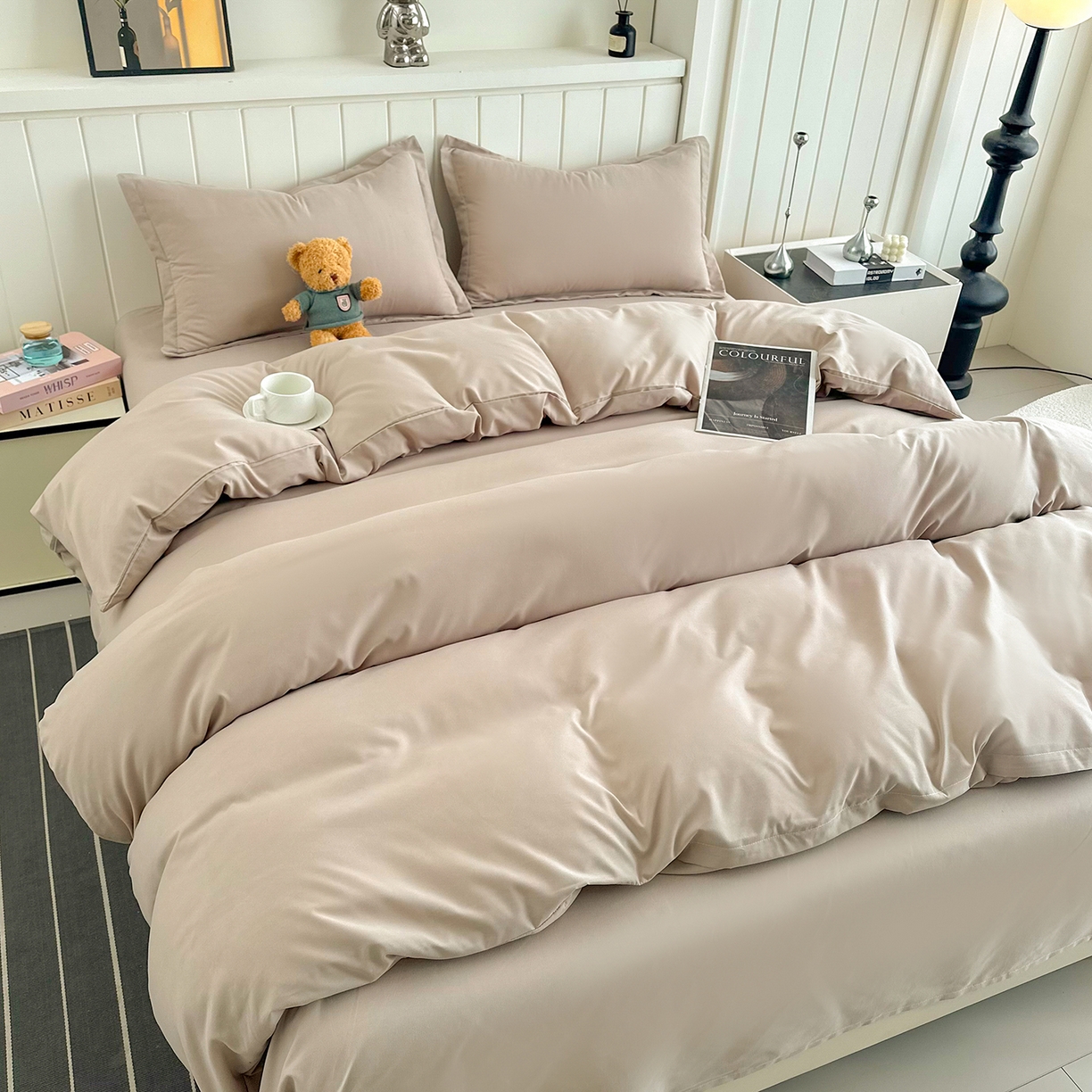 91家纺网 家纺一手货源 找家纺 佑泽家纺 2026年纯色双拼水洗棉四件套单被套 卡其