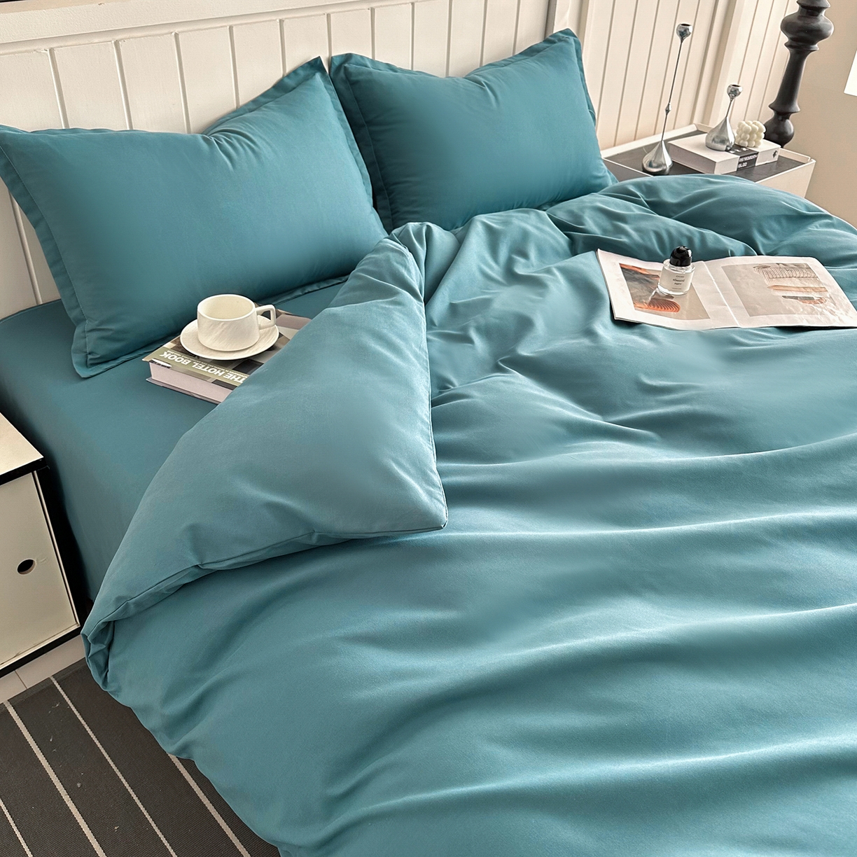 91家纺网 家纺一手货源 找家纺 佑泽家纺 2026年纯色双拼水洗棉四件套单被套 孔雀绿