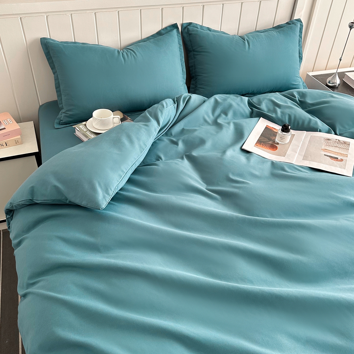 91家纺网 家纺一手货源 找家纺 佑泽家纺 2026年纯色双拼水洗棉四件套单被套 孔雀绿