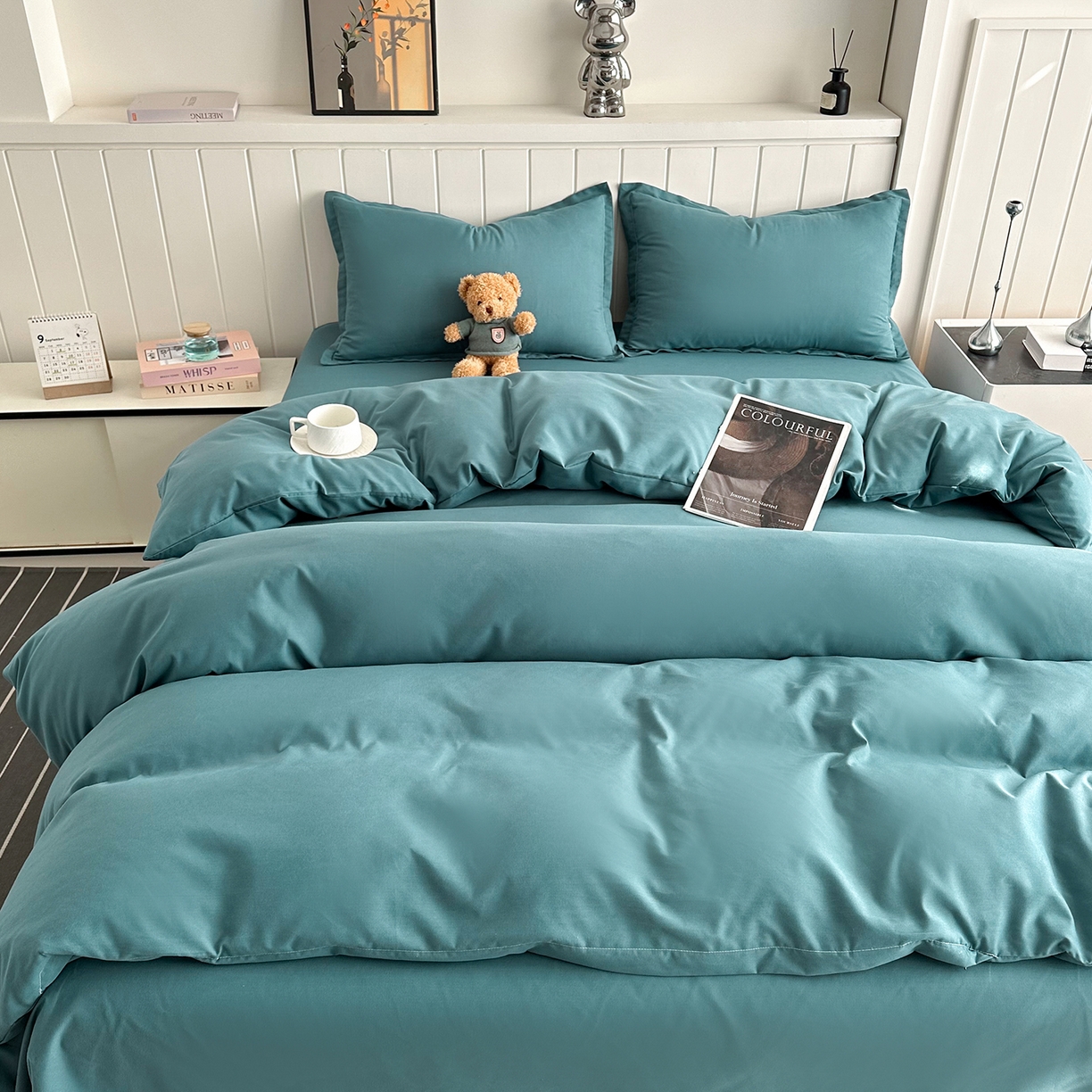 佑泽家纺 2026年纯色双拼水洗棉四件套单被套 孔雀绿