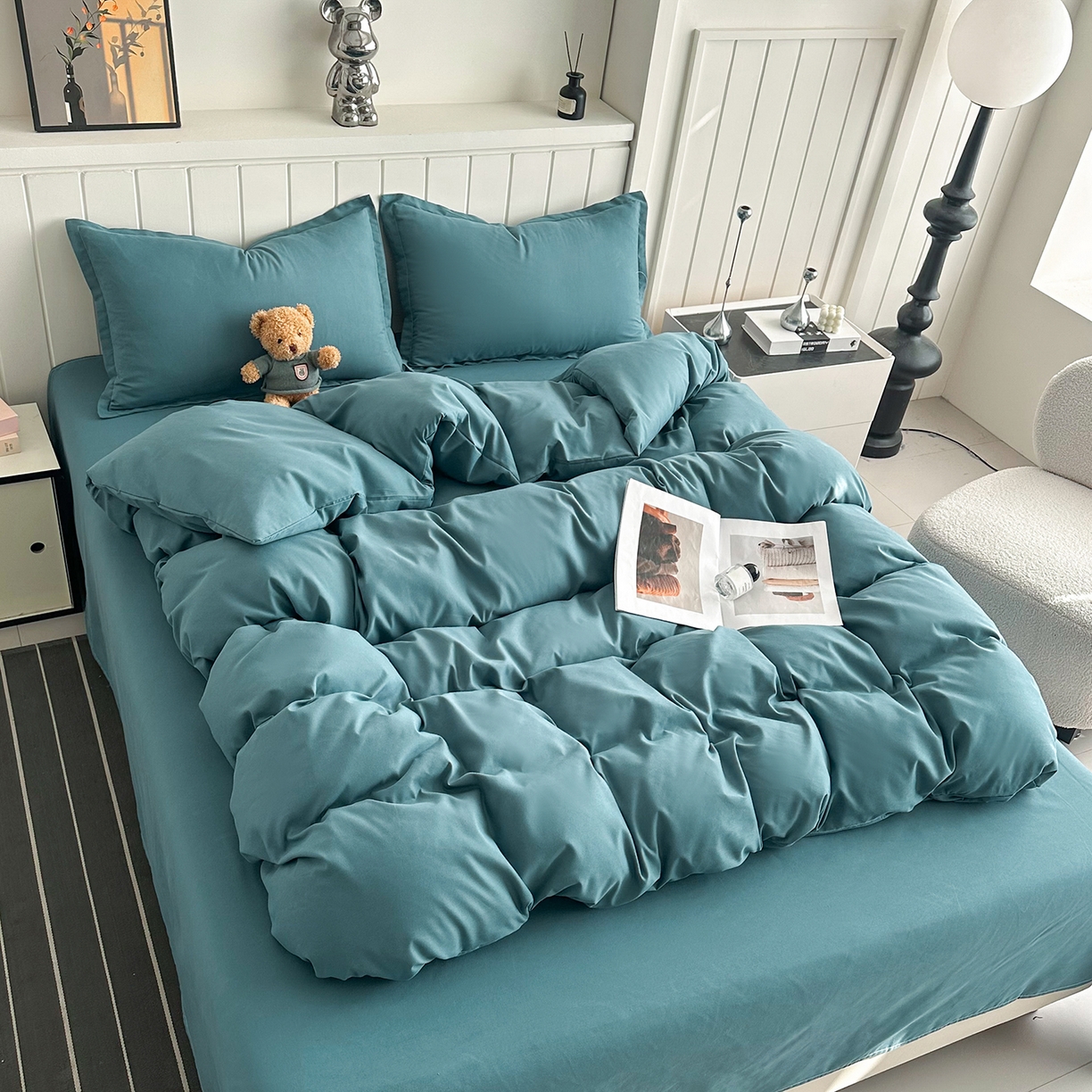 91家纺网 家纺一手货源 找家纺 佑泽家纺 2026年纯色双拼水洗棉四件套单被套 孔雀绿