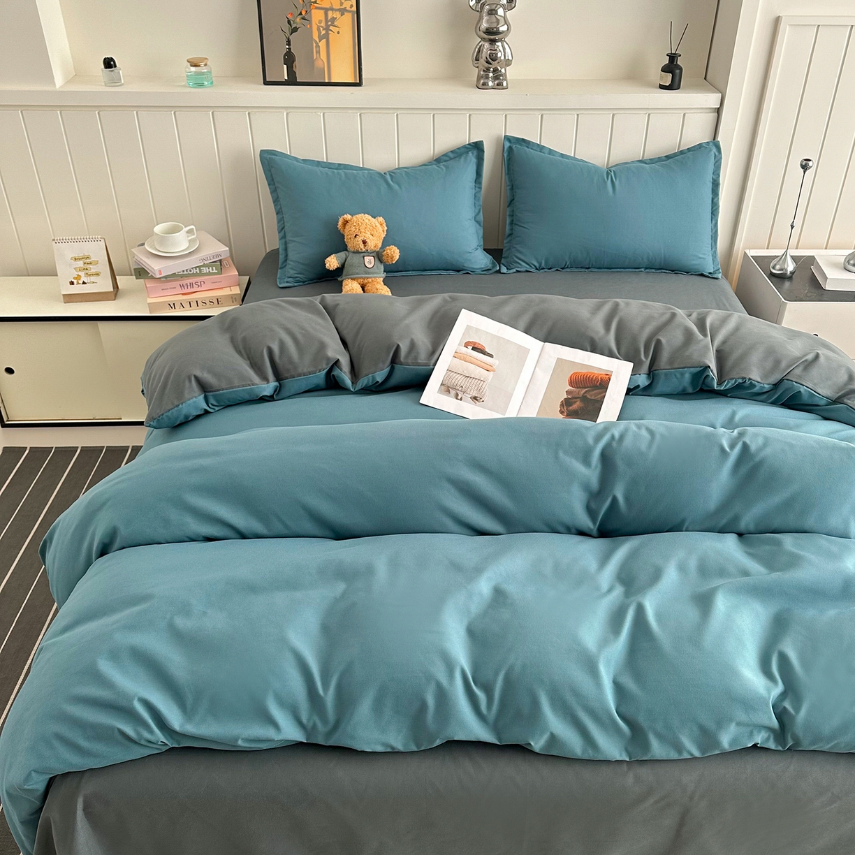 佑泽家纺 2026年纯色双拼水洗棉四件套单被套 孔雀绿+月光灰
