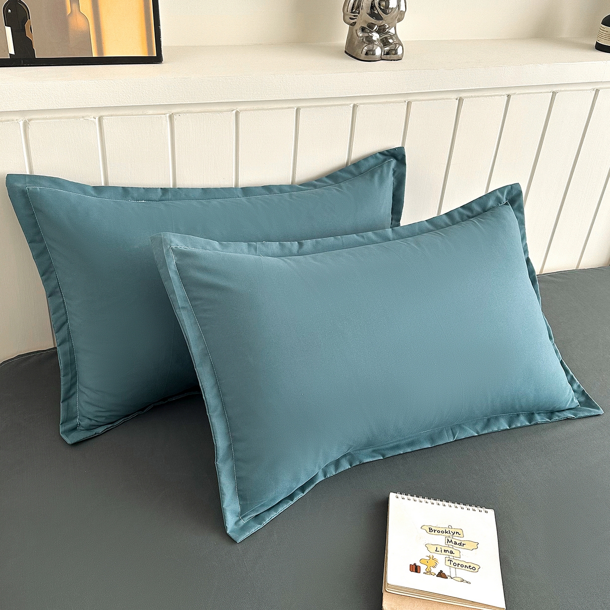 91家纺网 家纺一手货源 找家纺 佑泽家纺 2026年纯色双拼水洗棉四件套单被套 孔雀绿+月光灰