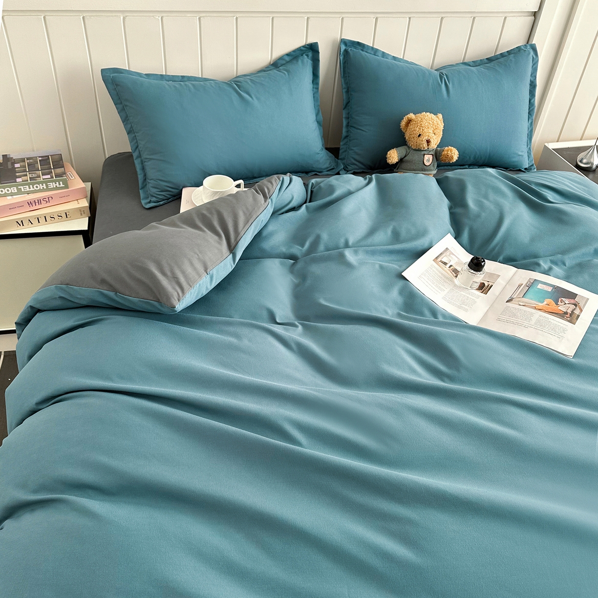 91家纺网 家纺一手货源 找家纺 佑泽家纺 2026年纯色双拼水洗棉四件套单被套 孔雀绿+月光灰