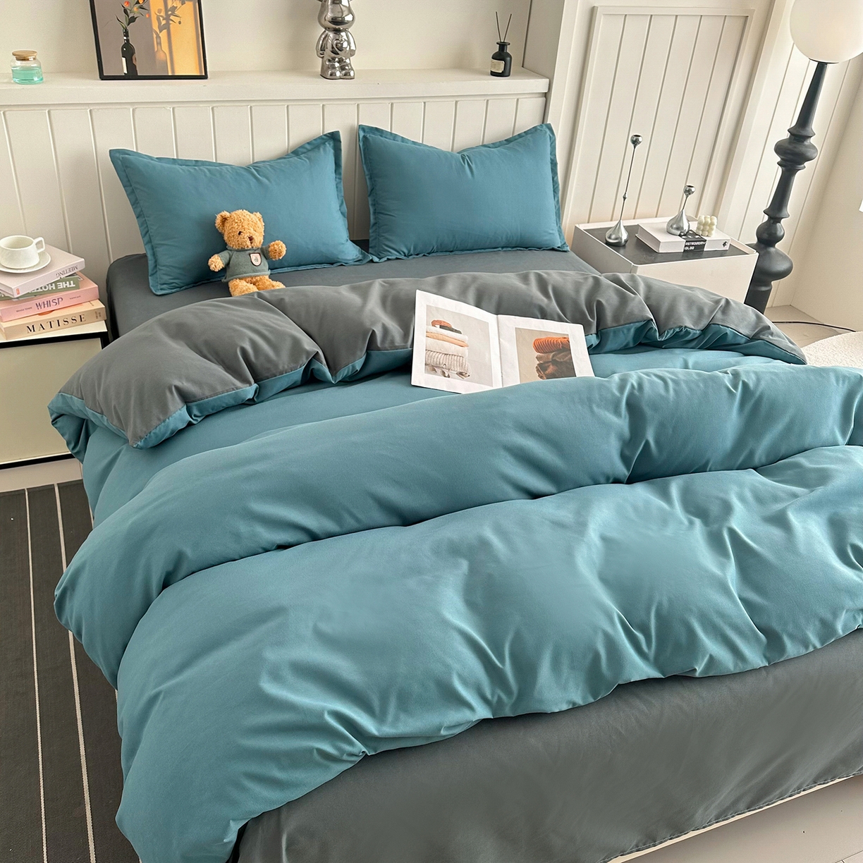 91家纺网 家纺一手货源 找家纺 佑泽家纺 2026年纯色双拼水洗棉四件套单被套 孔雀绿+月光灰