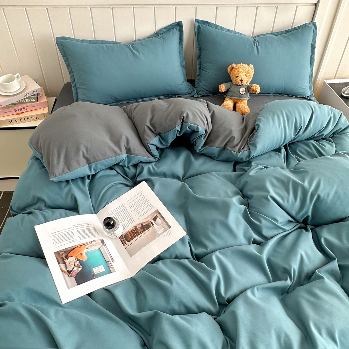 91家纺网 家纺一手货源 找家纺 佑泽家纺 2026年纯色双拼水洗棉四件套单被套 孔雀绿+月光灰