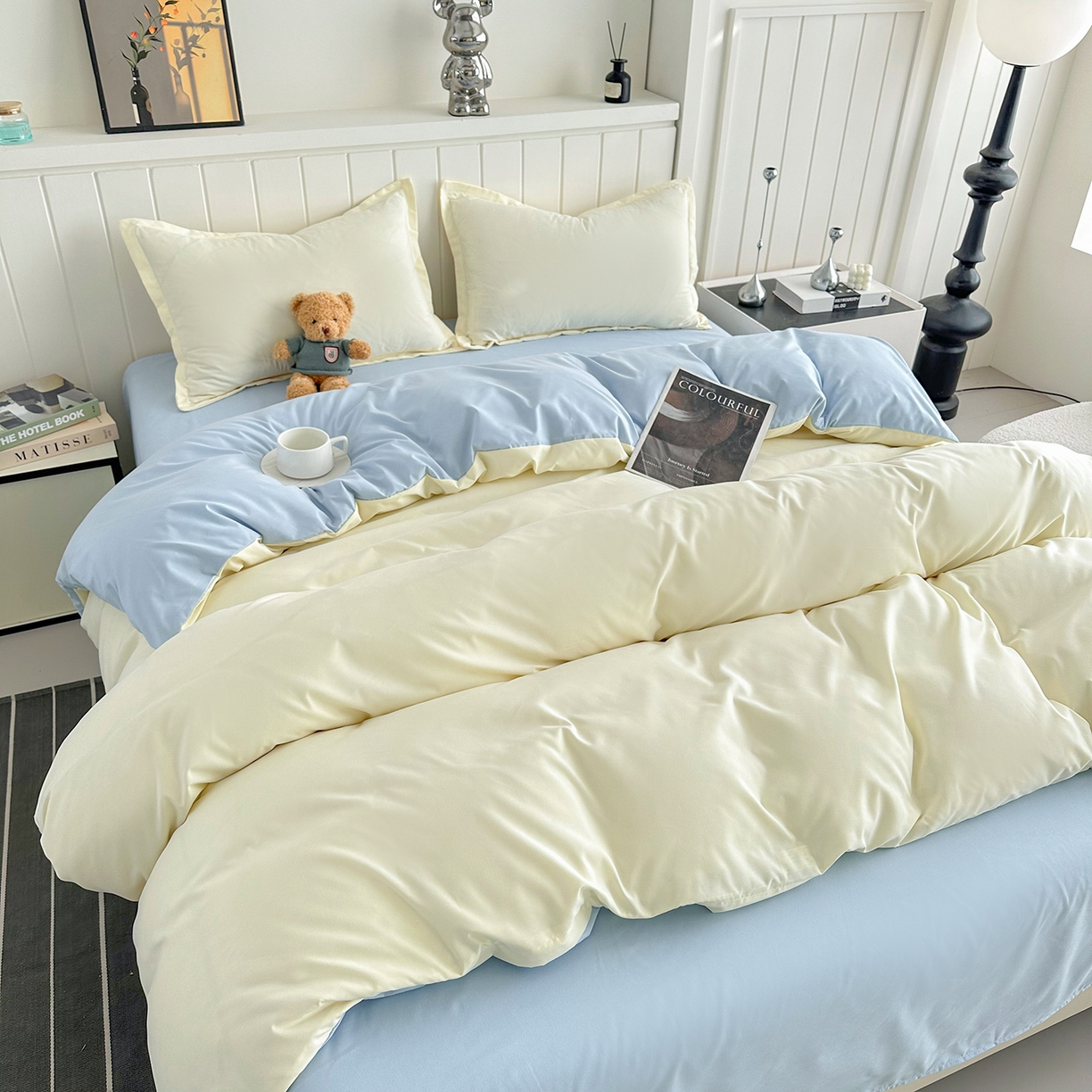 91家纺网 家纺一手货源 找家纺 佑泽家纺 2026年纯色双拼水洗棉四件套单被套 奶油黄+天空蓝