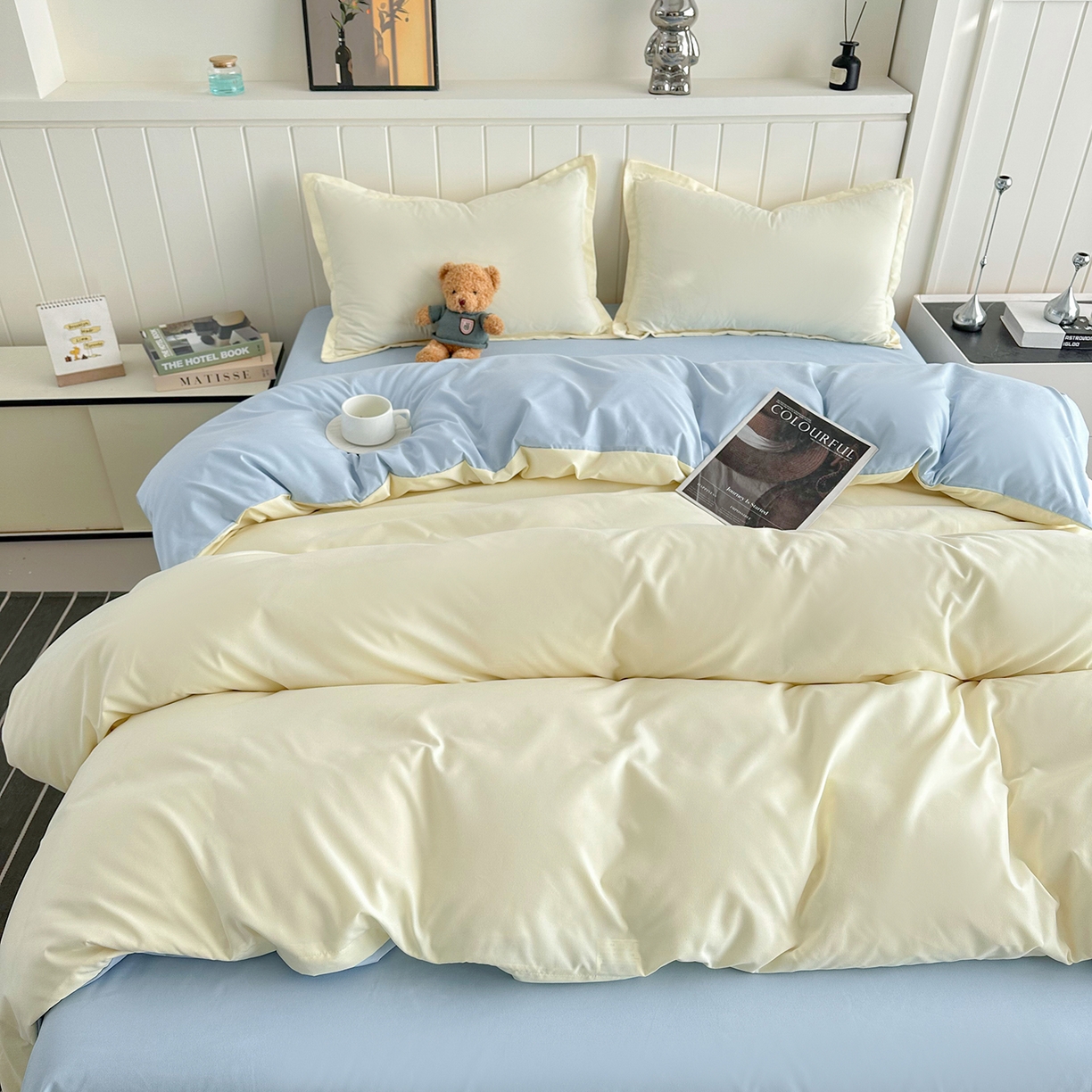 佑泽家纺 2026年纯色双拼水洗棉四件套单被套 奶油黄+天空蓝