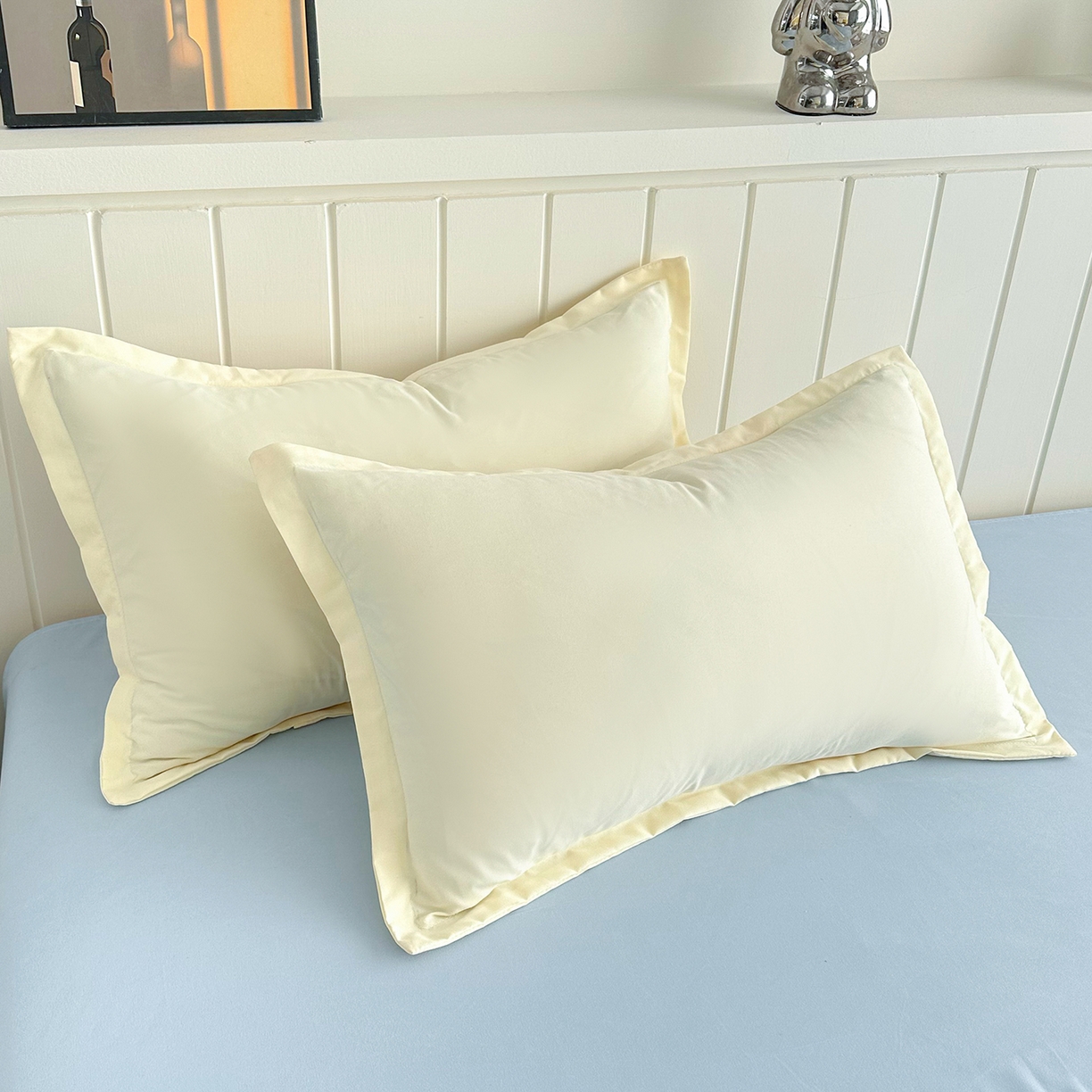 91家纺网 家纺一手货源 找家纺 佑泽家纺 2026年纯色双拼水洗棉四件套单被套 奶油黄+天空蓝